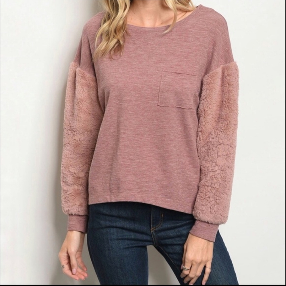 Mauve Fur Fleece Sleeve Sweater Long Sleeve Casual Women's - Picture 3 of 4
